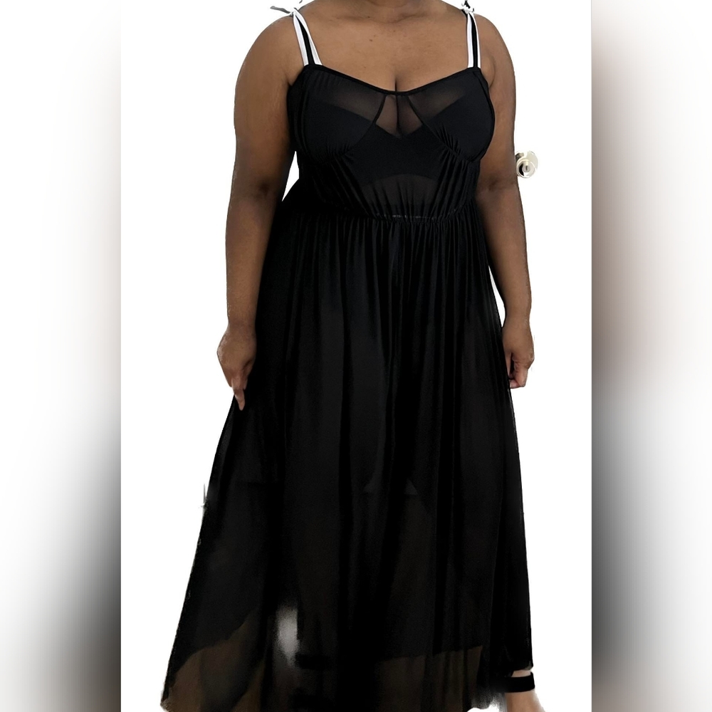 Vintage Boohoo chiffon coverup Blk with adjustable straps Sz 12 50 in long
